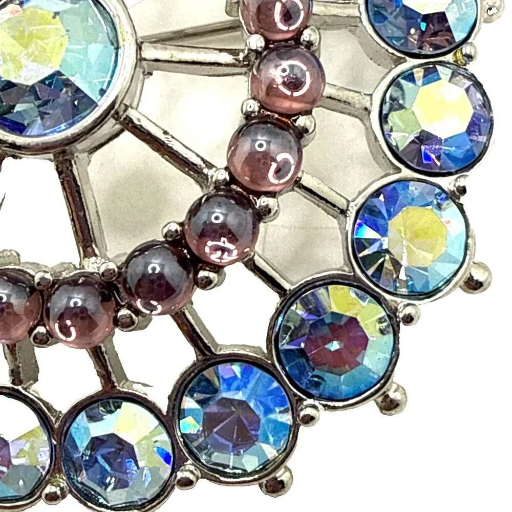 Vintage Blue Aurora Borealis Rhinestone Brooch Purple Moonstone Accents 2 1/8